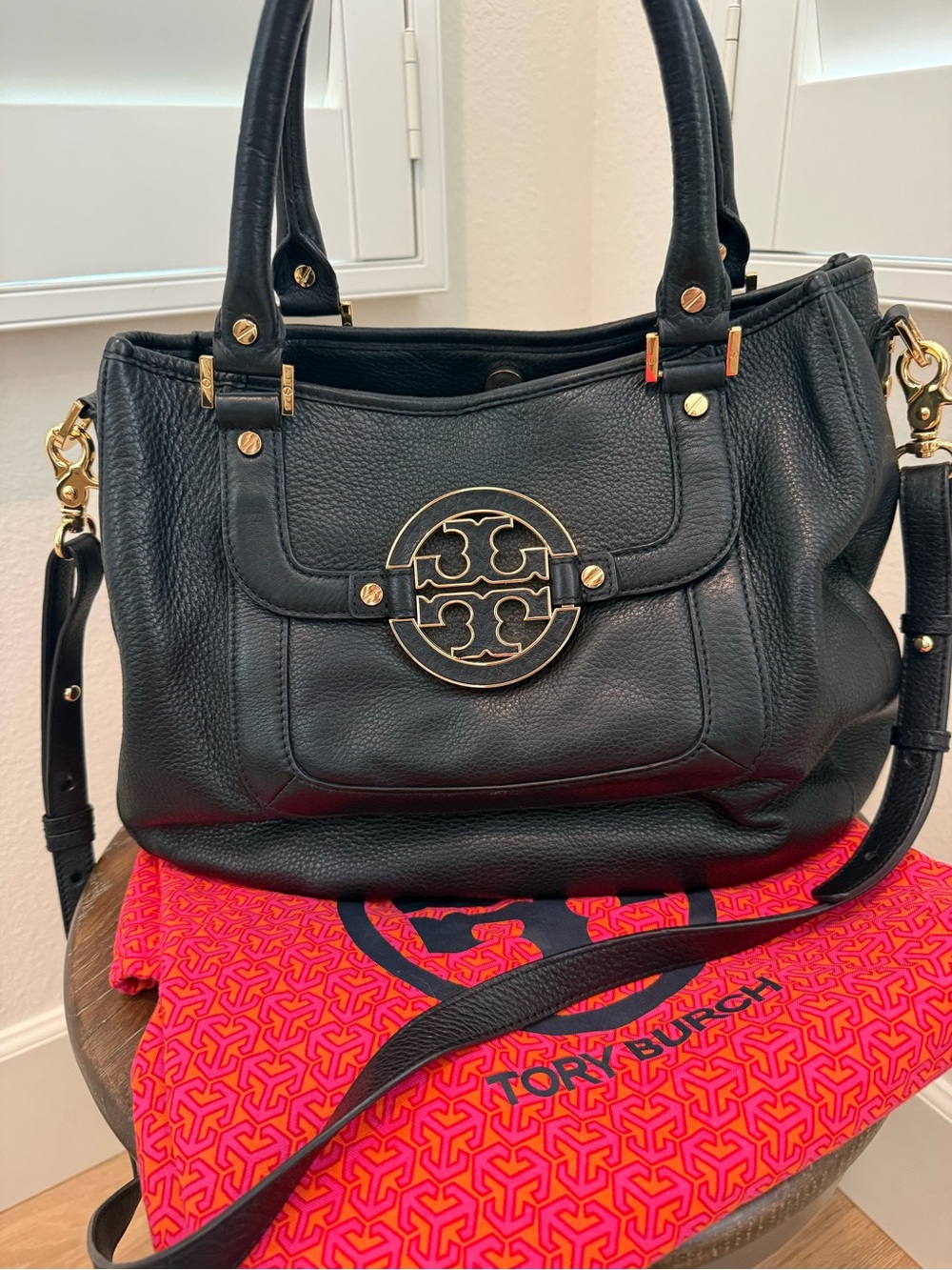 Tory Burch “Amanda” Black Pebbled Leather Shoulder Bag with Gold Medallion Logo